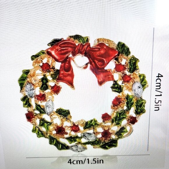 Christmas Wreath Brooch Pin Gold Tone Red Green New - Picture 11 of 11